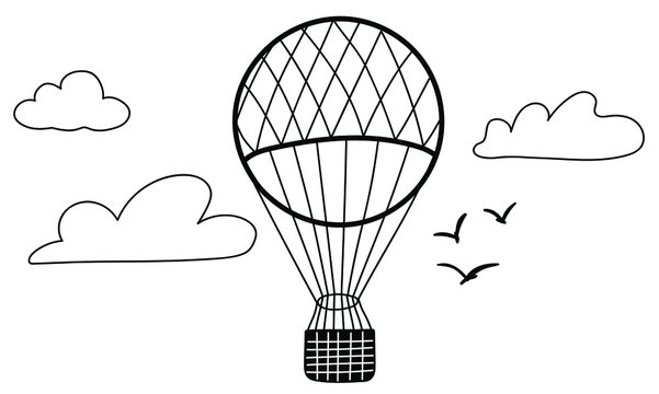 The contour of the balloon with a basket, clouds, birds. Air transport for sports and travel. Monochrome isolated doodle on white background.