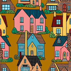 Hand drawn vector seamless pattern. Lovely houses. Cozy home, homestead, cottage, villa. Flat cartoon drawing. Colorful background in vintage style. For design, wallpaper, textile, fabric, print, wrap