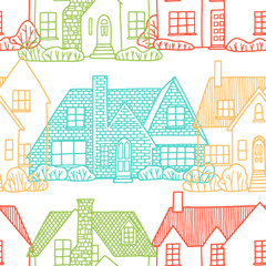 Hand drawn vector seamless pattern. Lovely houses. Cozy home, homestead, cottage, villa. Flat outline drawing. Colorful background in vintage style. For design, wallpaper, textile, fabric, print, wrap