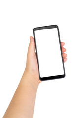 Woman hand holding black smartphone with blank white screen isolated on white background. clipping path