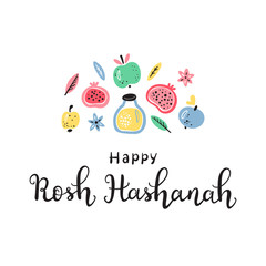 Jewish New Year Holiday. Concept of Happy Shana Tova. Rosh Hashanah Vector Greeting Card. Hand Drawn Lettering and Doodle Fruits. Pomegranate Fruit, Apples, Honey Jar, Flowers, and Leaves
