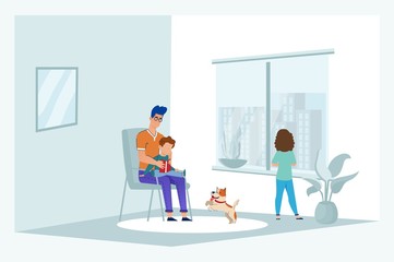 Stay home. Dad is at home with his daughter s son and dog. Vector illustration dad with children and dog remain home quarantine.