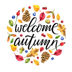 Welcome autumn printed card with leaves and berries. Hand drawing frame isolated on a white background. Botanical illustration for design.