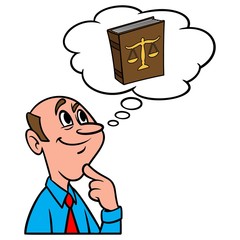 Thinking about Law School - A cartoon illustration of a man thinking about going to Law School.
