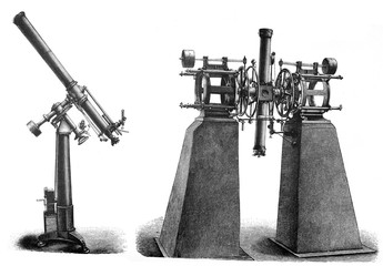 Nautic intstruments like astrolabe and telescope / Antique engraved illustration from Brockhaus Konversations-Lexikon 1908