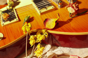 Naklejka na ściany i meble Still life with a vintage electric guitar, dried flowers and old music notes close up.