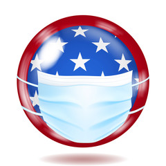 Round glass button in USA flag colors with a medical disposable mask for protection of coronavirus
