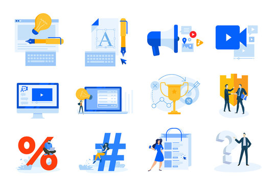 Flat design concept icons collection. Vector illustrations of logo and website design, internet marketing, video streaming and tutorial, shopping, communication, success, innovation, business security