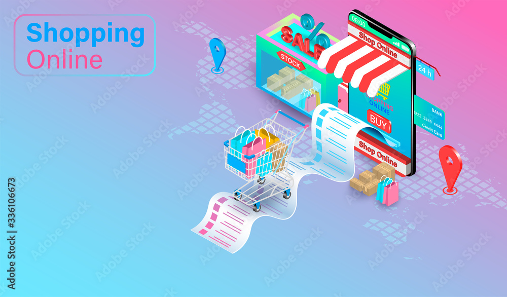 Poster shopping online on website or mobile application with credit card. shopping cart with fast delivery 