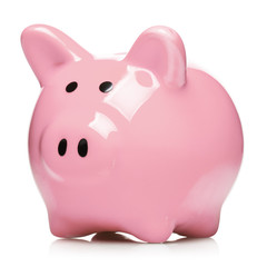 Close-up of pink piggy bank, isolated on white background