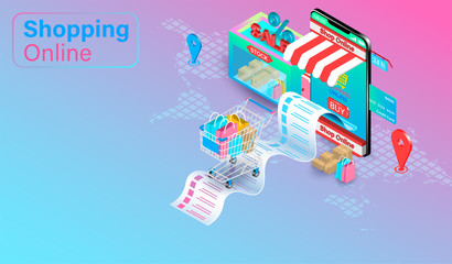 Shopping online on Website or Mobile Application with credit card. Shopping cart with Fast delivery global. isometric flat vector design