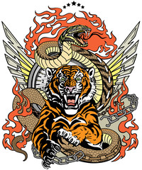 roaring tiger in the jump and snake like road. Design template include broken chain, tongues of flame and wings. Biker Tattoo. Vector illustration