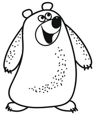 Happy laughing bear drawn by hands. Doodle coloring book for children. Vector outline drawing isolated on white background. Suitable for poster, banner, decoration of a child’s room, postcards, t-shir