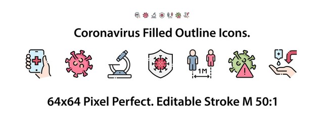 Coronavirus Filled Outline Set Icons. 64x64 Pixel Perfect. Editable Stroke M 50:1 - obrazy, fototapety, plakaty
