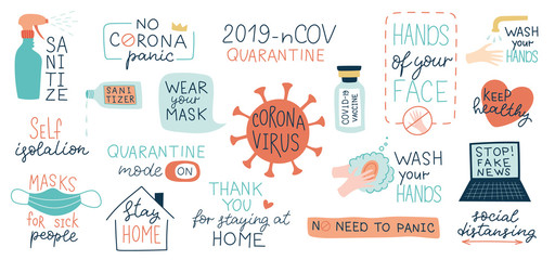 CoronaVirus Covid-19 set of hand drawn elements and labels. Pandemic protection, calligraphy,lettering. Quarantine positive slogans.Vector illustration.