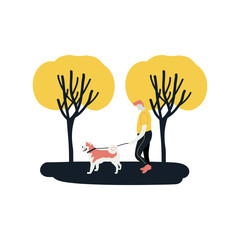 Man walks alone with Akita dog at park Flat vector illustration on white background