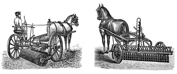 Antique hay tedder machine and wooden agriculture cart real oldfashion agriculture with horses / Antique engraved illustration from Brockhaus Konversations-Lexikon 1908 © Basicmoments