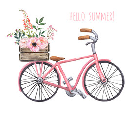Fototapeta na wymiar Watercolor pink vintage style bicycle with wooden box and flower bouquet. Cute city bike with floral basket illustration, isolated on white background. Hand drawn summer travel theme