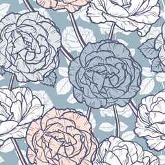 Vector Flowers and Leaves Seamless Pattern. Hand drawn Branches of Rose Flower outline Sketch. Beautiful Bouquet of Summer garden Roses flowers. Vintage Floral Background. Plants Wallpaper
