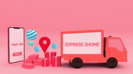 Smartphone surrounded by Shopping cart, shopping basket, shopping bag, gift box,cart ,store, and wallet on colour background. colorful balls on colour background.-3d rendering.