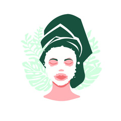 Vector cartoon illustration with wtite girl with a towel on his head and skin mask. Spa time. Beauty rituals, morning routine. Ogranic, natural cosmetics. Bubble mask. Relaxing. Flat design, covers.