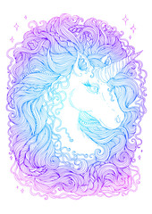 JPEG drawn portrait of a fabulous unicorn with wavy developing hair mane with braided pigtails and beads. Colored lines Sweet dreams. Design card, print t-shirts. Fairy tale mythical characters.  

