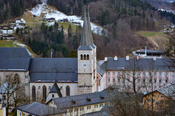 View of Berchtesgaden from above in winter