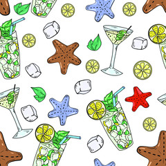 Seamless vector pattern with summer party, starfish, ice, lemon and lemonade on white background. Wallpaper, fabric and textile design. Good for printing. Cute summer wrapping paper pattern.