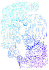 JPEG  profile glamorous woman with a haircut bob, let a pair vaping e-cigarette. Girl with tattoo rose and thorns holding vaporizer electronic cigarette. Smoking patterned girl in multi-colored lines