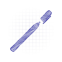 Pen or marker icon. Hand drawn sketched picture with scribble fill. Blue ink. Doodle on white background