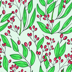 Seamless vector pattern with wild berries and green leaves on blue background. Good for printing. Wallpaper, fabric and textile design. Cute floral wrapping paper pattern.