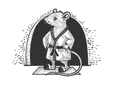 cartoon mouse in bathrobe at home sketch engraving vector illustration. T-shirt apparel print design. Scratch board imitation. Black and white hand drawn image.