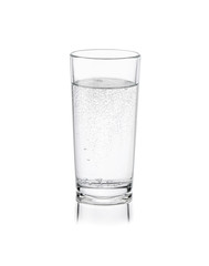 Pure fresh mineral water with bubbles in glass isolated on white background