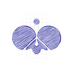 Ping pong icon. Hand drawn sketched picture with scribble fill. Blue ink. Doodle on white background