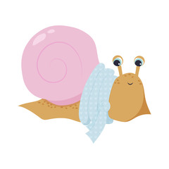 Illustration of a cute beige snail with a pink shell in a blue scarf. children's print. winter, New Year mood.For design, cards, prints. cartoon style. vector