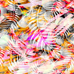 Tropical leaves. Watercolor leaves of a tree, palms,fern, nettle, abstract red of splash. Watercolor abstract seamless background, pattern, spot, splash of paint, blot, divorce, color. Tropic pattern