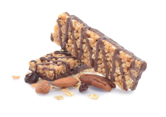 Muesli snack with chocolate and nuts isolated on white