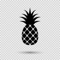Pineapple isolated on transparent background. Black summer tropical pattern. Vector graphic exotic ananas fruit icon. 