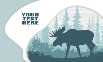Landing page template with multi-level shadows and the image of elk with large horns walking through an evergreen spruce forest. Vector illustration
