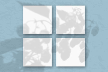 4 square sheets of white textured paper against a blue wall. Mockup with an overlay of plant shadows. Natural light casts shadows from the tops of field plants and flowers. Flat lay, top view