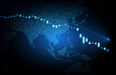 abstract background of futuristic technology digital dots world maps and economy crisis down stock market graph