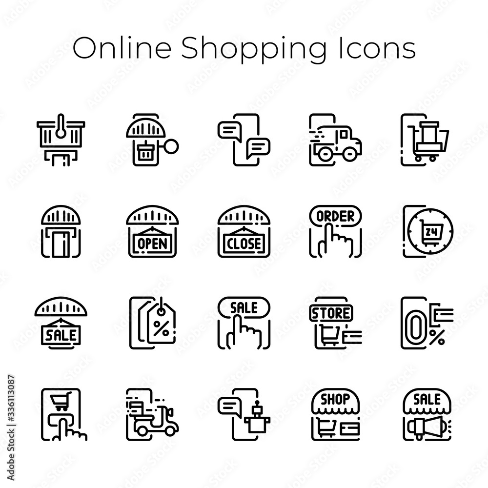 Poster set icons e-commerce with online shopping and delivery concept. vector thin line illustration