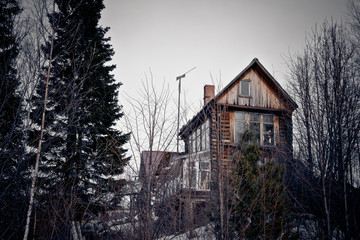 A lonely house, a house on the outskirts, a hermit, a cozy time, a gray sky, isolation in the forest
