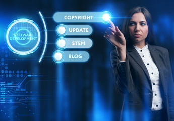 Business, Technology, Internet and network concept. Young businessman working on a virtual screen of the future and sees the inscription: Software development