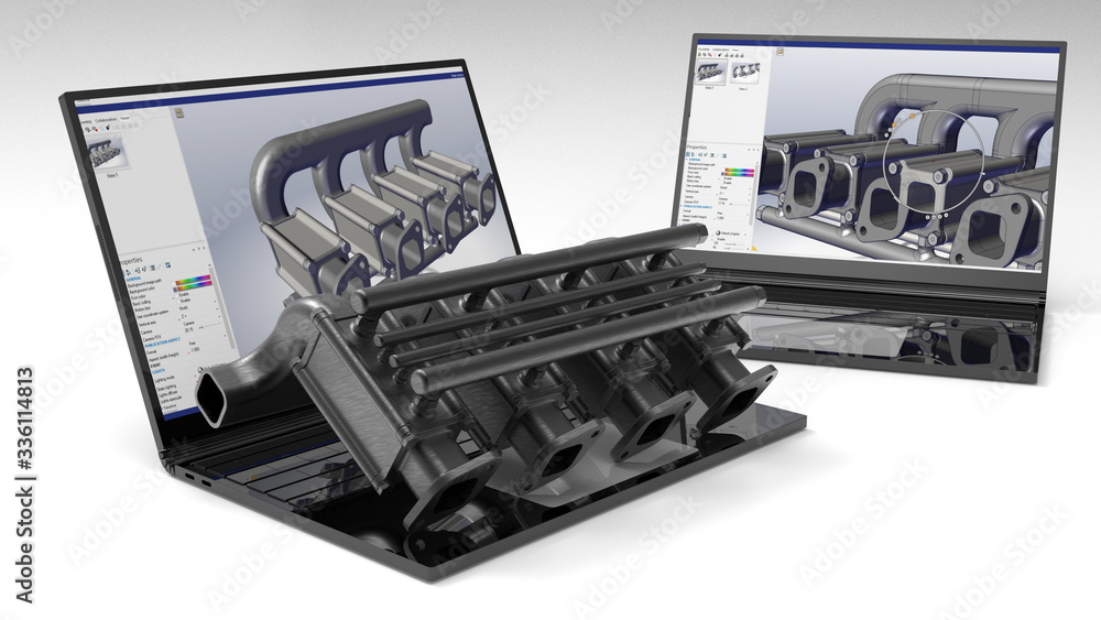 Poster 3d render - design a mechanical part on a laptop