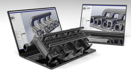 3D render - design a mechanical part on a laptop