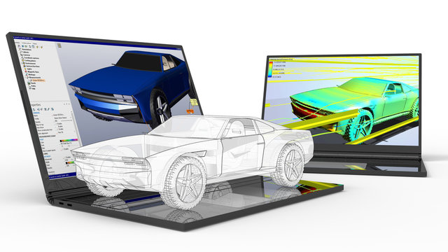 3D rendering - muscle car outlined on a laptop concept