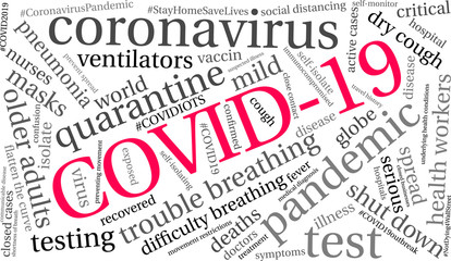 COVID-19 word cloud on a white background. 
