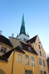 Fototapeta na wymiar spire of medieval saint olaf church in Tallinn over the roofs of the houses in old town