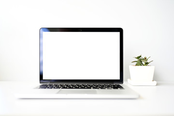 blank screen Modern laptop computer with mouse,Smart phone and Succulent on wood table in office view backgrounds